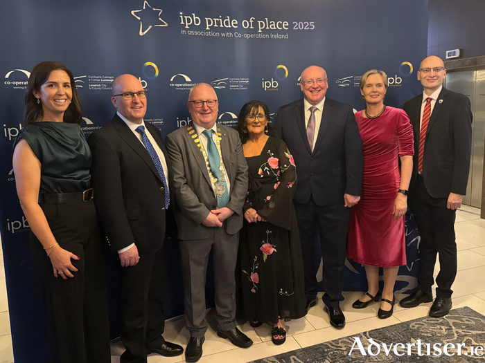 Pictured at the 2025 IBP Pride of Place ceremony at the Strand Hotel in Limerick (left to right) Helen McGrath (Galway County Council); Ronan Kavanagh (Clarinbridge Tidy Towns); Cllr David Collins (Cathaoirleach); Mary Daly (Clarinbridge Tidy Towns); Liam Conneally (Chief Executive, Galway County Council); Theresa Donohue (Galway County Council); and Michael Owens (Director of Services, Galway County Council). Credit Galway County Council.