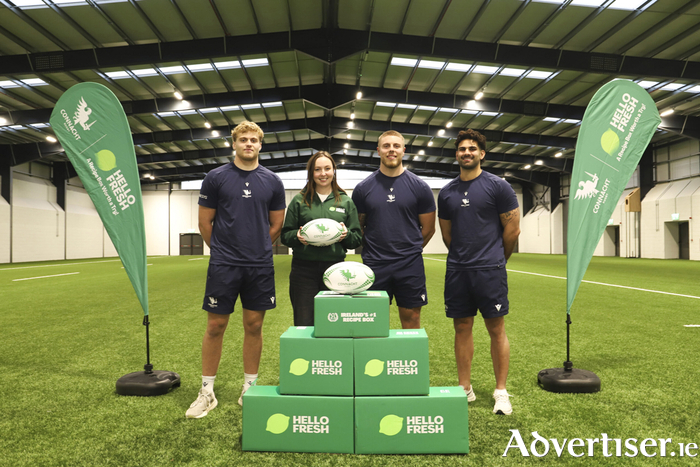 (L-R) Hugh Gavin, Rebecca Garrett (Growth Marketing Manager at HelloFresh), Sean Jansen, and Byron Ralston pictured at the announcement of Connacht Rugby's partnership with HelloFresh at the new Connacht Rugby High Performance Centre.