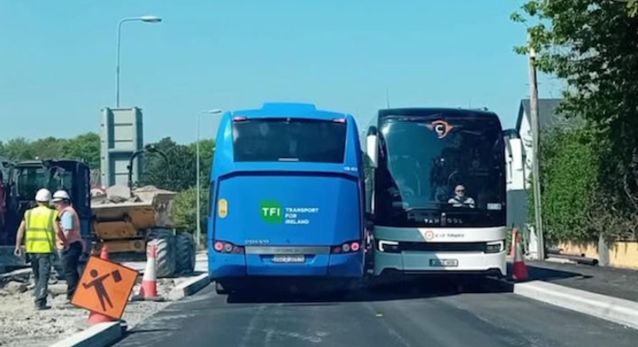 Coaches attempting to pass at the traffic calming project in Fossa, Co Kerry, which has been compared to the Ballybane active travel scheme.