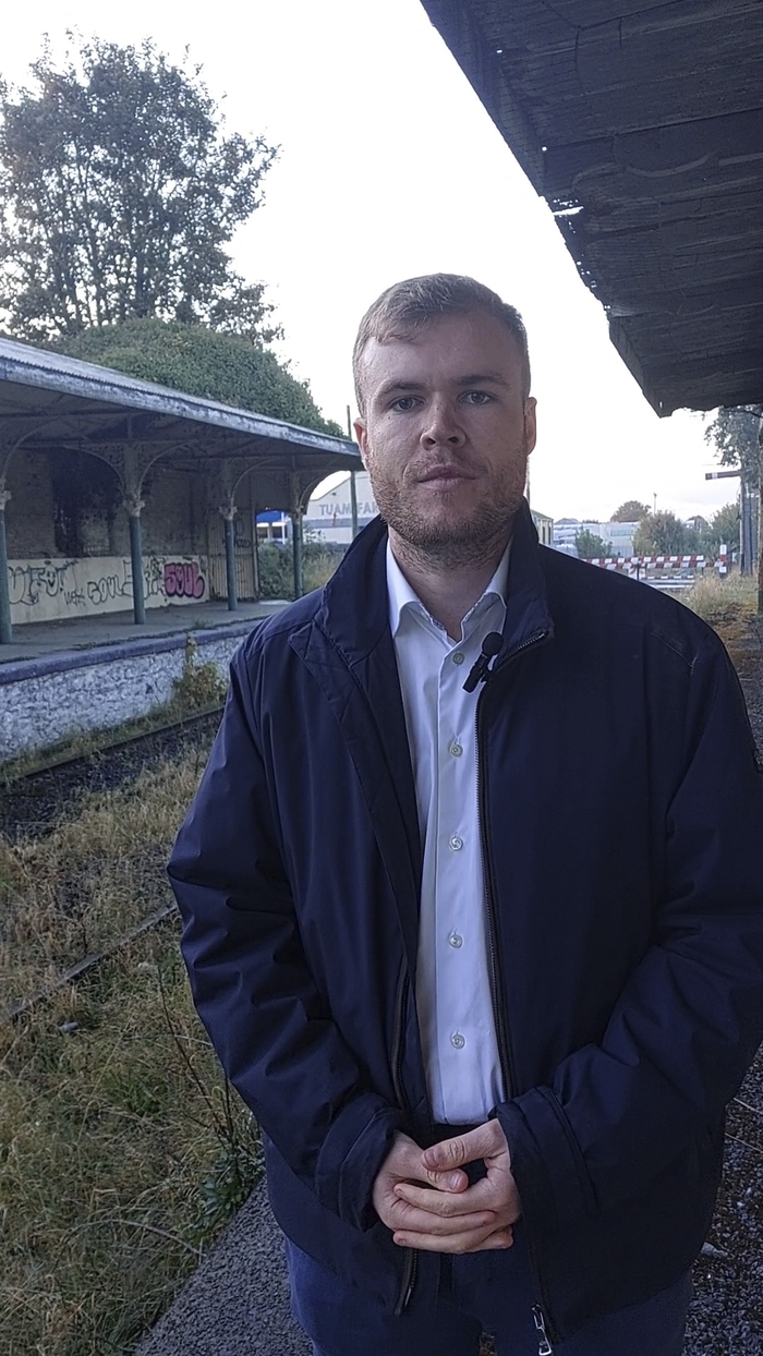 Deputy O'Hara at a derelict station on the Athenry-Claremorris line, earmarked for a €500m to €1bn upgrade.