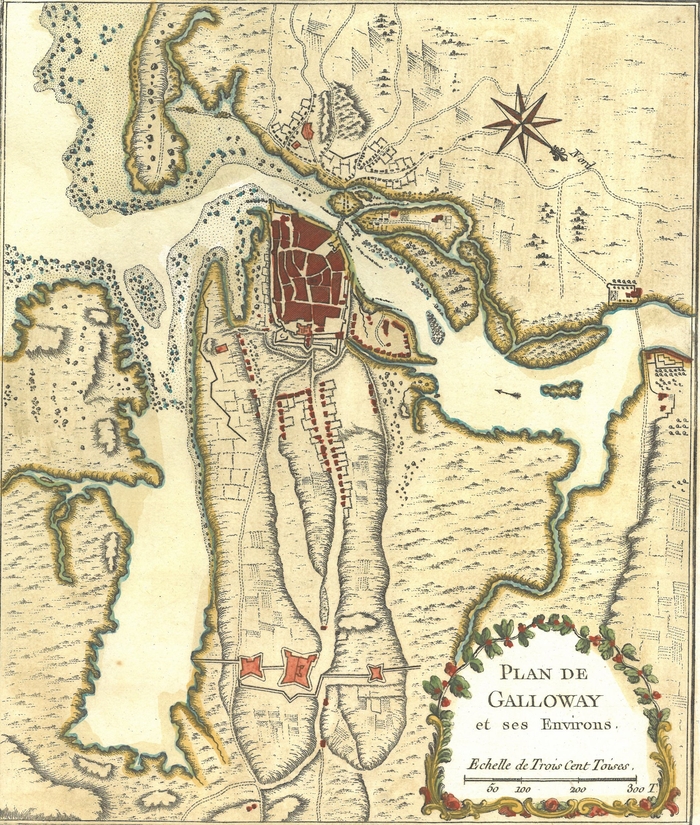Lenihan argues one reason the 1651-1652 siege lasted so long was that Galway town was a tight rectangle with water on three sides. On its eastern side, two rocky ridges carried Bóthar Mór (Bohermore) and Bóthar Beag (College Road). The ridges appear in this 18th Century French map: confusingly, north is towards the bottom right hand corner.
