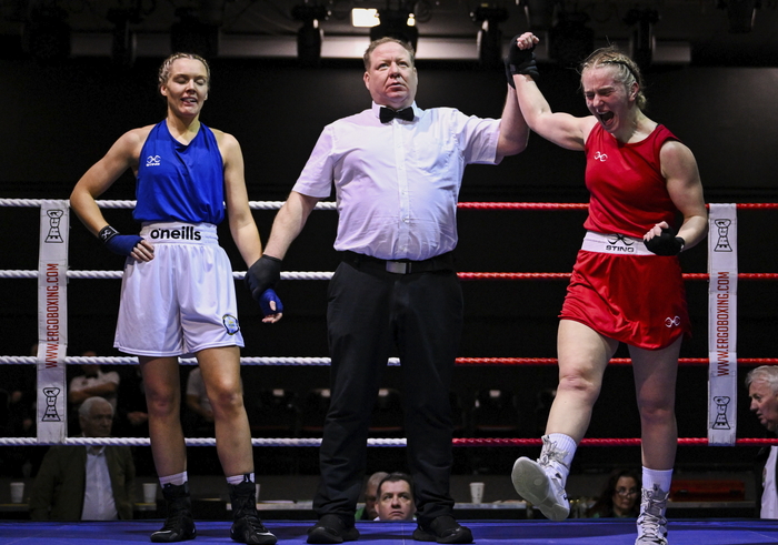 Keelyn Mangan of Celtic Eagles is declared victorious over Ella McDonald of Corpus Christi at the 2025 National Intermediate Championship Finals held at the National Boxing Stadium in Dublin. (Photo by David Fitzgerald/Sportsfile)