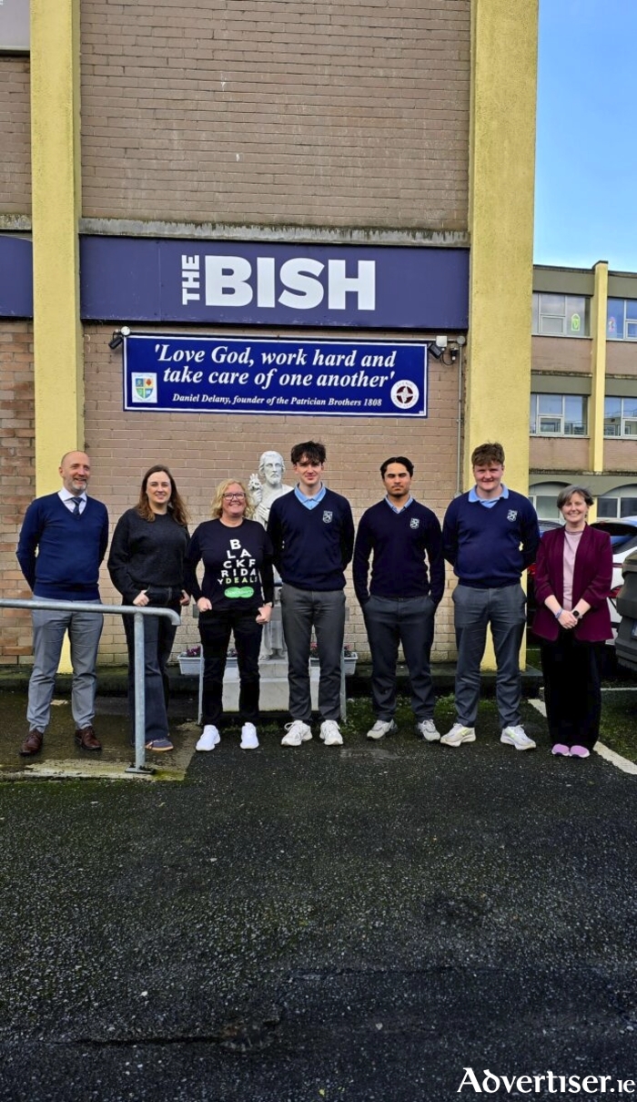Barry McDermott (Deputy Principal), Miriam Murphy and Annette Flanagan (Specsavers Headford Road Store Directors), Robert Bradley, James Siva, Cillian McNena (Bish rugby players) and Sarah Gleeson (School Principal)
