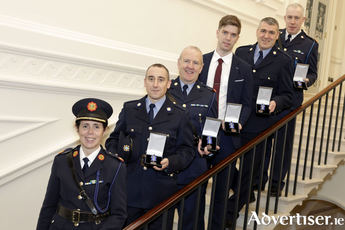 Assistant Commissioner Catharina Gunne with (L-R) Garda Aiden McTigue and Inspector Brendan O’Grady, who were each awarded a Bronze medal and a Certificate of Bravery for the rescue of a man from a canal in Galway City, Garda Sergeant Fergal O’Connor, who was awarded a Bronze medal and a Certificate of Bravery for the rescue of a man from the River Barrow in Carlow town and Superintendent David Nolan and Garda John Carroll, who were each awarded a Bronze medal and a Certificate of Bravery for the attempted rescue of a young man from the River Nore in Kilkenny City. PIC: Maxwells