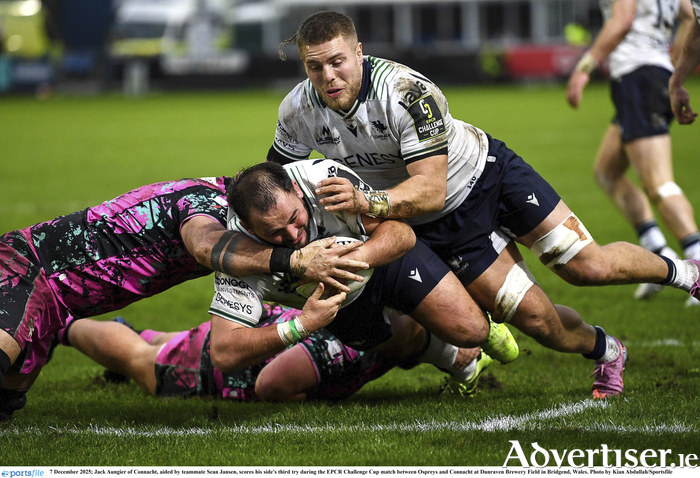 Jack Aungier of Connacht, aided by teammate Sean Jansen, scores his side's third try during the EPCR Challenge Cup match between Ospreys and Connacht at Dunraven Brewery Field in Bridgend, Wales. (Photo by Kian Abdullah/Sportsfile)
