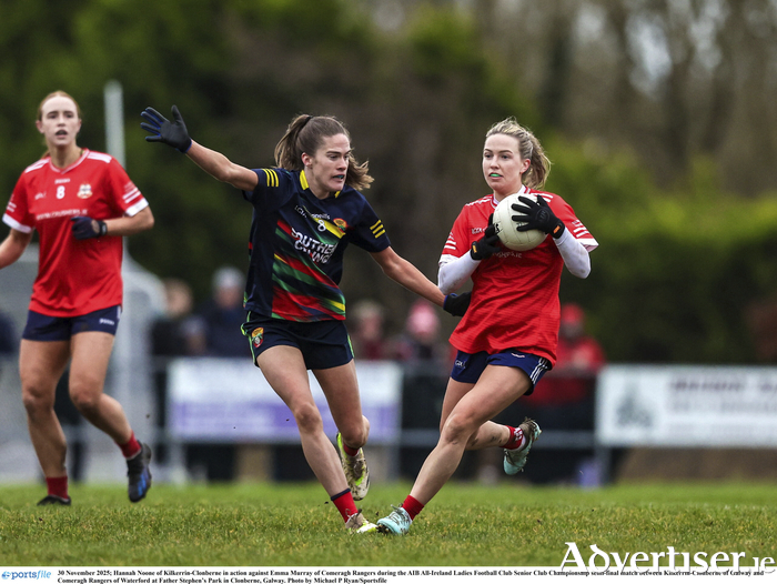 Hannah Noone of Kilkerrin-Clonberne in action against Emma Murray of Comeragh Rangers during the AIB All-Ireland Ladies Football Club Senior Club Championship semi-final match between Kilkerrin-Clonberne of Galway and Comeragh Rangers of Waterford at Father Stephen’s Park in Clonberne, Galway. (Photo by Michael P Ryan/Sportsfile)