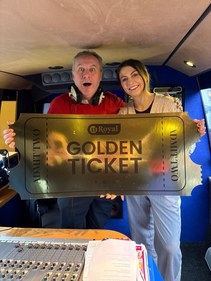 Midwest Radio's Gerry Glennon, and Fiona Coyne of TF Royal Hotel & Theatre, with the golden ticket.