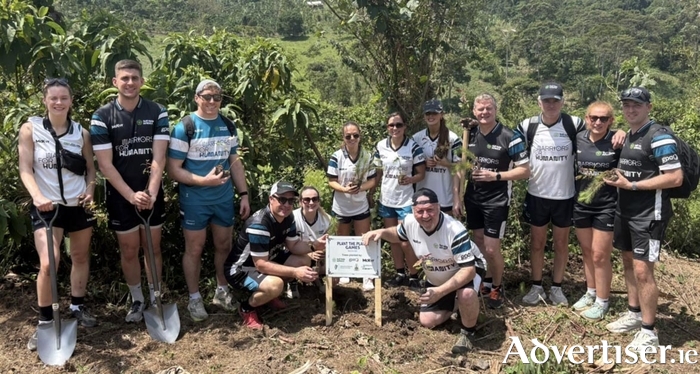 Galway Ladies and Mens Football, Camogie, Hurling and Handball Stars as follows - Left to right - Aoife O'Rourke, Conor Glesson, Shane Cooney, Alan Kerins, Andrea Tril, Aoife Ni Cheallaigh, Kate Gerathy, Ronan Scully, Olivia Divilly, Ollie Fahy, Adrian Connaire, Aine Keane and Martin Mulkerrins planting Trees along the River Nile in Jinja in Uganda as part of the Plant the Planet One Million Trees Initiative with Warriors for HUmanity and Self Help Africa in partnership with the GPA and McKvr sports.