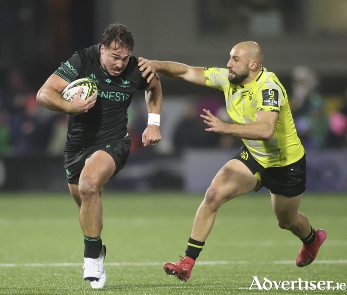 Connacht&rsquo;s Shayne Bolton comes under pressure from Black Lion&rsquo;s Demur Tapladze in action from the European Challenge Cup game at Dexcom Stadium last Saturday night. (Photo: Mike Shaughnessy)