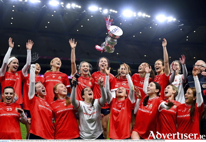 Kilkerrin-Clonberne players celebrate after their side's victory in the AIB All-Ireland Ladies Football Club Senior Club Championship final match between Kilkerrin-Clonberne of Galway and St Ergnats, Moneyglass of Antrim at Croke Park in Dublin. (Photo by Shauna Clinton/Sportsfile)