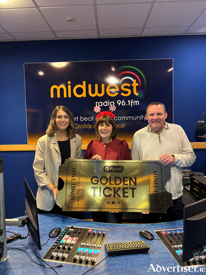L-R: Fiona Coyne, Marketing Manager of the TF Royal Theatre, Freda Gray, winner, and Padraic Walsh, host of the 'Late Late Lunchbox', at Midwest Radio Studios in Ballyhaunis