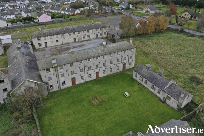 An aerial view of the former 19th century workhouse at Portumna, County Galway. Credit Galway County Council.