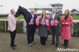 Attending the announcement at the Galway Racecourse that the National Breast Cancer Research Institute (NBCRI) annual fundraising lunch &lsquo;Race in Pink&rsquo; raised &euro;65,000 for the charity this year were, Director NBCRI, Phillip Duffy, CEO at Galway Racecourse, Michael Moloney, Louise McCarron, NBCRI Fundraising Manager, Patrick Casey NBCRI Director of Operations and Olivia Lynch Ward, Commercial Marketing Manager Galway Racecourse. Photo: Martina Regan