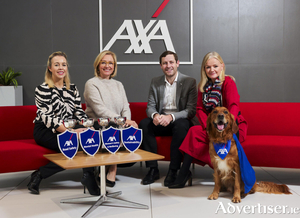 From left: AXA Ireland head of marketing Elaine Kearney, head of external communications &amp; customer engagement Aideen McGrath, regional manager, direct retail Ciaran Goodman, and chief communications, brand &amp; sustainability officer Elizabeth Arnett, with Setanta the golden retriever who was on duty as AXA Ireland&rsquo;s office for the launch of the AXA Community Hero Awards. 
