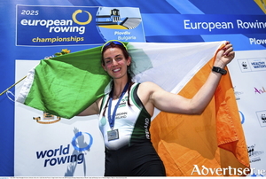 Fiona Murtagh of Ireland celebrates with a silver medal after the Women's Single Sculls A Final at the 2025 European Rowing Championships at Plovdiv Canoe and Rowing Centre in Plovdiv, Bulgaria. (Photo by Nikola Krstic/Sportsfile)
