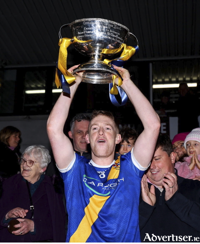 Loughrea captain Ian Hanrahan lifts the Tom Callinan cup after the Galway County Senior Club Hurling Championship final match between St Thomas' and Loughrea at Pearse Stadium in Galway. (Photo by Michael P Ryan/Sportsfile)