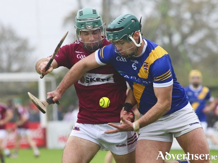 Clarinbridge&rsquo;s Evan Niland and Loughrea&rsquo;s Shane Morgan in action from the Forvis Mazars Galway Hurling Senior Championship Quarter Final at Kenny Park. (Photo: Mike Shaughnessy)