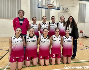 Saturday&rsquo;s University of Galway Mystics team against Dublin Raiders. Back row (L-R): Paul Langan (Head Coach), Laura Lopez Morera, Georgia Munnelly, Emma Glavin, Eabheann Conneely, Olivia Sasse. Front row (L-R): Demetra Yennari, Kara McCleane, Lily Hynes, Claire Hickey, Ellie Glavin.
