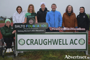 (L-R): Shauna Bocquet (Paralympic Athlete- Craughwell AC), Am&eacute;lie Bocquet (Craughwell AC), Aisling McLoughlin (Salto Systems), Tom Tuohy (Craughwell AC), Loic Bocquet (Race Director), Marion McEvilly (Craughwell AC Chairperson), and Anna Grealish (Athletics Ireland).