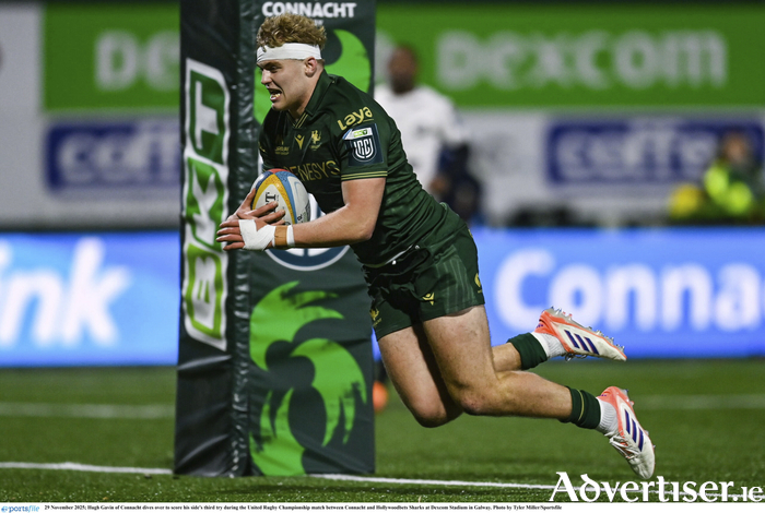 Hugh Gavin of Connacht dives over to score his side's third try during the United Rugby Championship match between Connacht and Hollywoodbets Sharks at Dexcom Stadium in Galway. (Photo by Tyler Miller/Sportsfile)