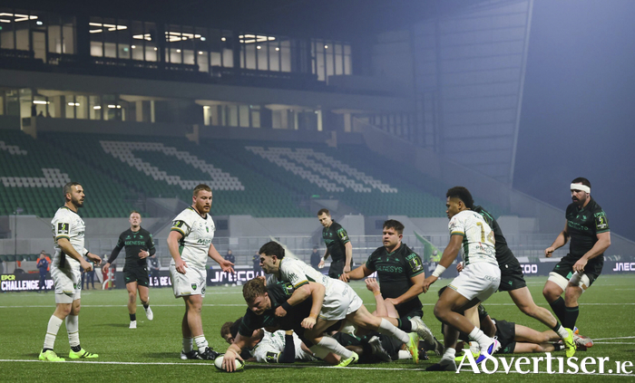 Connacht captain Cian Prendergast scoring a try against Montauban in action from the European Rugby Challenge Cup game at the Dexcom Stadium on Saturday night. (Photo: Mike Shaughnessy)