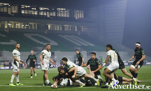 Connacht captain Cian Prendergast scoring a try against Montauban in action from the European Rugby Challenge Cup game at the Dexcom Stadium on Saturday night. (Photo: Mike Shaughnessy)
