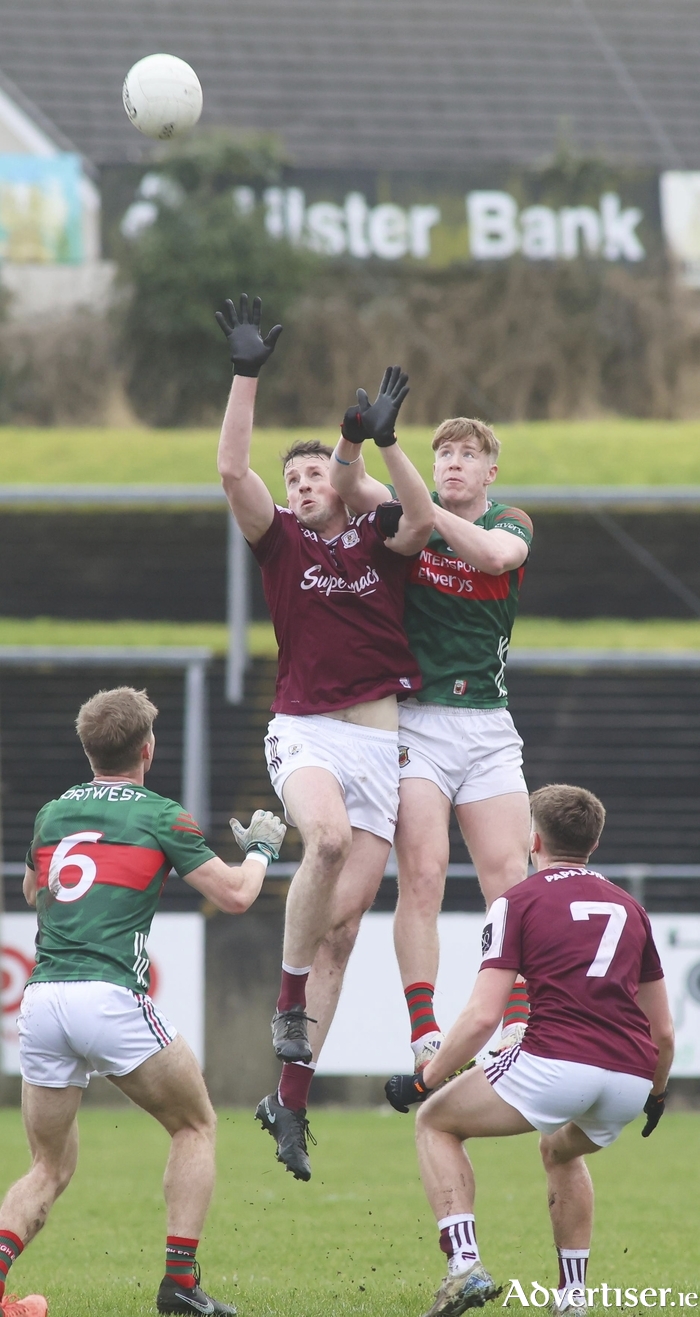 Galway&rsquo;s Mattius Barrett and Mayo&rsquo;s Darragh Joyce in action from the FBD Connacht Cup Final at Tuam Stadium on Sunday. (Photo: Mike Shaughnessy)