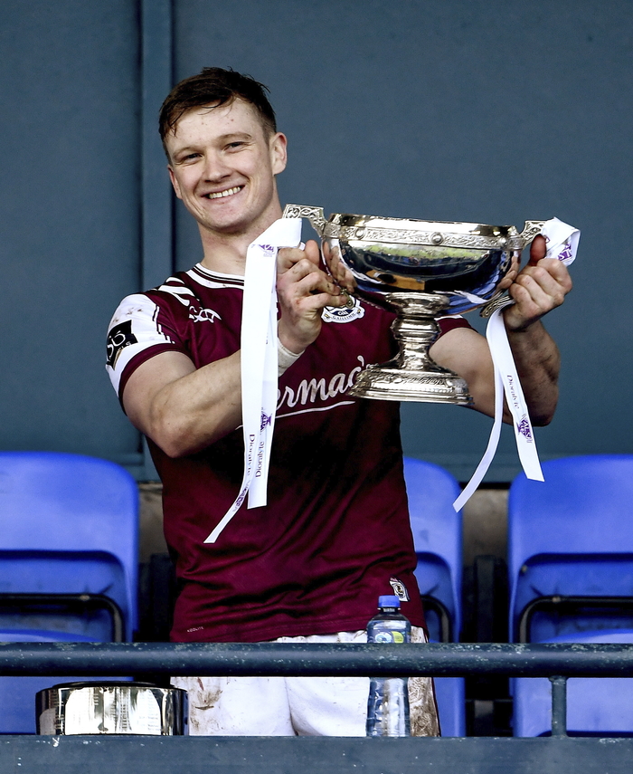 Galway captain Darragh Morrissey lifts the Walsh Cup after the Dioralyte Walsh Cup final match between Dublin and Galway at Parnell Park in Dublin. (Photo by Matt Browne/Sportsfile)