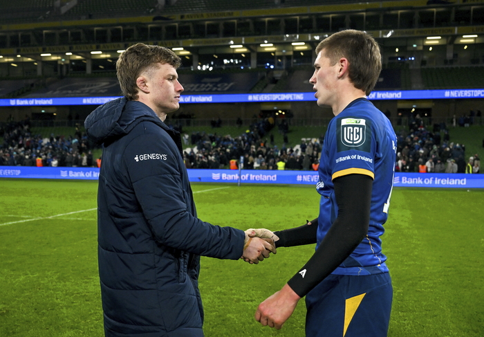 Brothers Cian Prendergast of Connacht, left, and Sam Prendergast of Leinster after the United Rugby Championship match between Leinster and Connacht at Aviva Stadium in Dublin. (Photo by Brendan Moran/Sportsfile)