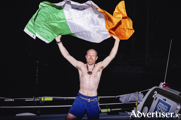 Daragh MacLoughlin pictured moments after winning the solo class of the World's Toughest Row, crossing the Atlantic Ocean and landing in Antigua after 39 days at sea. Picture: World's Toughest Row.