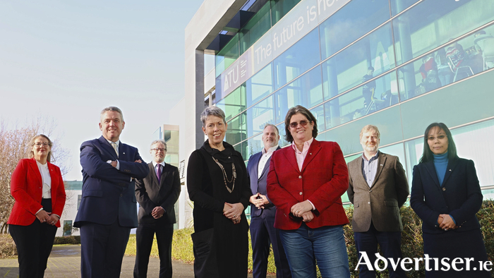 L-R: Dr Joanne Gallagher &ndash; Dean of Faculty of Science and Health, Dr Billy Bennett &ndash; Registrar and Chief Academic Officer, Dr Brendan Jennings &ndash; Chief Officer for Research, Innovation & Engagement, Dr Orla Flynn &ndash; ATU President, Professor Graham Heaslip &ndash; Dean of Faculty of Engineering and Computing, Maura McNally SC - Chair of ATU Governing Body, Dr Paddy Tobin &ndash; Dean of Faculty of Design, Education & Social Science and Dr Amelia Au-Yeung &ndash; Dean of Faculty of Business.