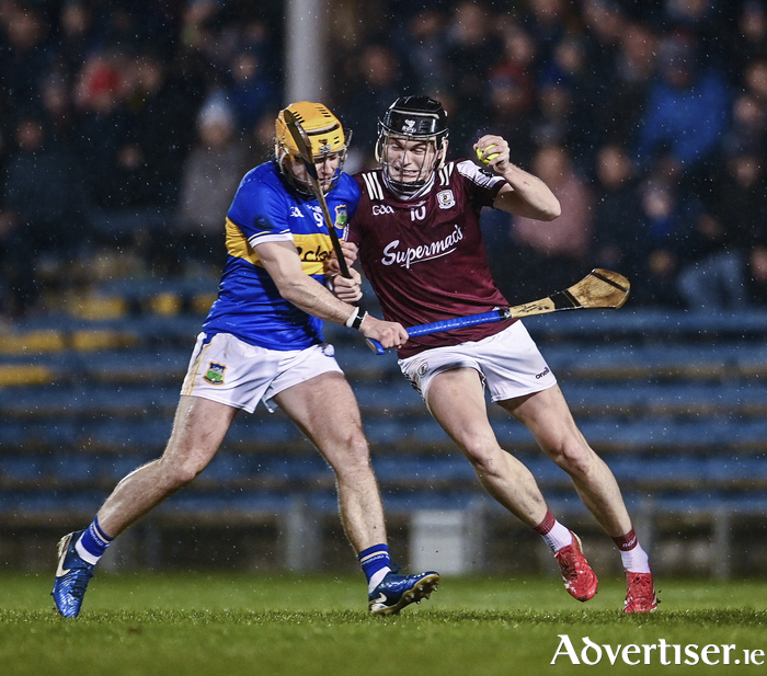 Darragh Neary of Galway tackled by Conor Stakelum of Tipperary during the Allianz Hurling League Division 1A match between Tipperary and Galway at FBD Semple Stadium in Thurles, Tipperary. (Photo by Ben McShane/Sportsfile)