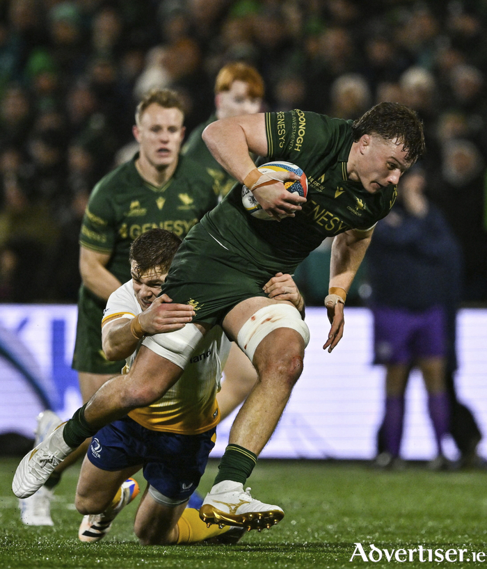 Cian Prendergast of Connacht is tackled by Garry Ringrose of Leinster during the United Rugby Championship match between Connacht and Leinster at Dexcom Stadium in Galway. (Photo by Sam Barnes/Sportsfile)