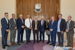 Pictured at the contract signing (left to tight) Albert Dolan TD; Uinsinn Finn, Director of Services for Roads and Transportation and Liam Conneally, Chief Executive of Galway County Council; Anthony Horan, Director, O&rsquo;Connor Sutton Cronin Consultant Engineers; Cllr. David Collins, Cathaoirleach of the County of Galway; John Pentony, Director, Jons Civil Engineering; Cllr. Karey Mc Hugh Farag, Cathaoirleach of Tuam MD, Minister of State Sean Canney TD; and John Coyle and Padraic Flaherty of Galway County Council. Credit: Murtography.