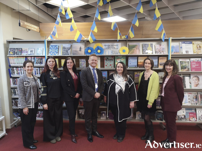 (L-R): Caroline Rowan, Executive Librarian, Natalya Korniyenko, Director of the Ukrainian Cultural Centre in Ireland, Elizabeth Keane, County & City Librarian, Galway Public Libraries, Deputy Mayor Councillor Alan Cheevers, Ukrainian Ambassador to Ireland, Larysa Gerasko, Ruth Browne, Assistant Librarian, Siobhan Arkins, Senior Executive Librarian
