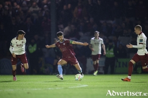 Galway United's Jimmy Keohane has a shot at goal against Drogheda in the opening game of the season at Eamonn Deacy Park. (Photo: Mike Shaughnessy)