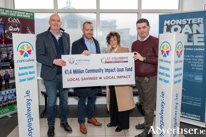 COPE Galway and St Columba&rsquo;s Credit Union have launched a new &euro;1.4 million Community Impact Loan Fund to help deliver housing and essential social services for people experiencing homelessness, domestic abuse and social isolation in Galway. The partnership uses community finance to deliver local impact. Pictured at the launch are (L&ndash;R): Colm Cleary, Chairperson, St. Columba's Credit Union, Michael Smyth, CEO, COPE Galway, Phil Grealish, Director, St. Columba's Credit Union and Cian Twomey, Vice Chairperson, St. Columba's Credit Union. Photo: Murtography