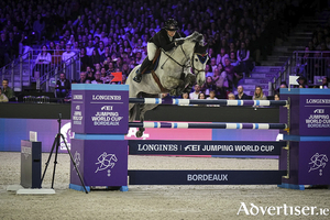 Jessica Burke and Good Star du Bary pictured winning the Longines FEI Jumping World Cup in Bordeaux.