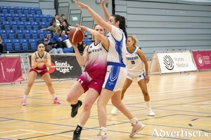 University of Galway Mystics&rsquo; Kara McCleane and Limerick Sport Huskies&rsquo; Orlaith Woods in action at the Basketball Ireland Domino&rsquo;s Women&rsquo;s Division One game on Saturday, with Demetra Yennari and Simone O&rsquo;Shea in the background. (Photo: John O&rsquo;Brien)