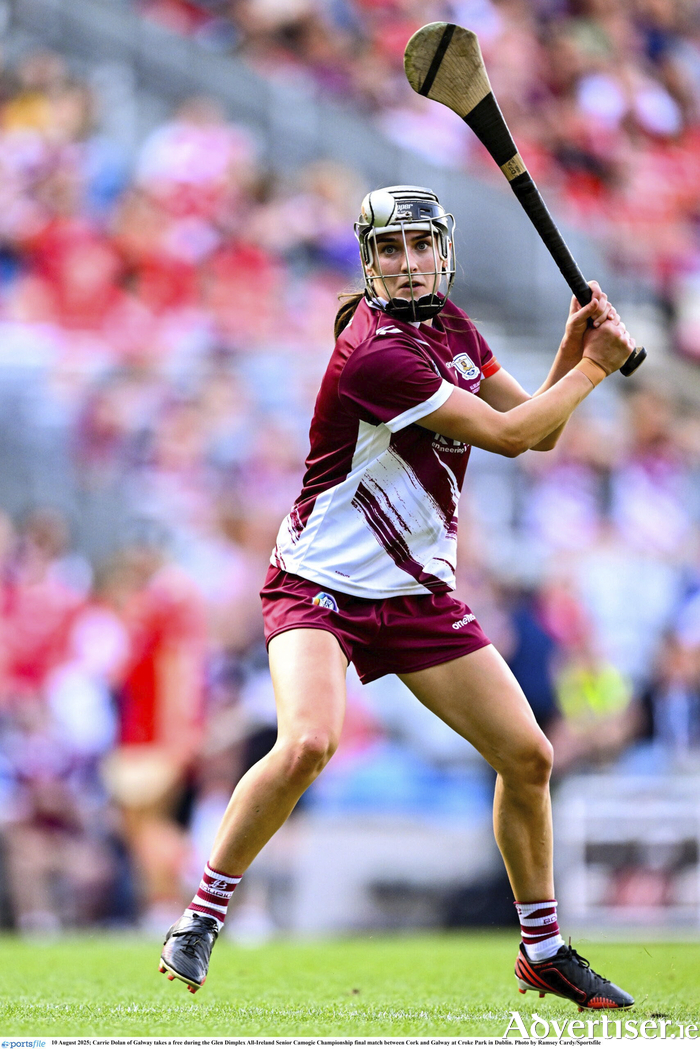 Carrie Dolan of Galway takes a free during the Glen Dimplex All-Ireland Senior Camogie Championship final match between Cork and Galway at Croke Park in Dublin. 