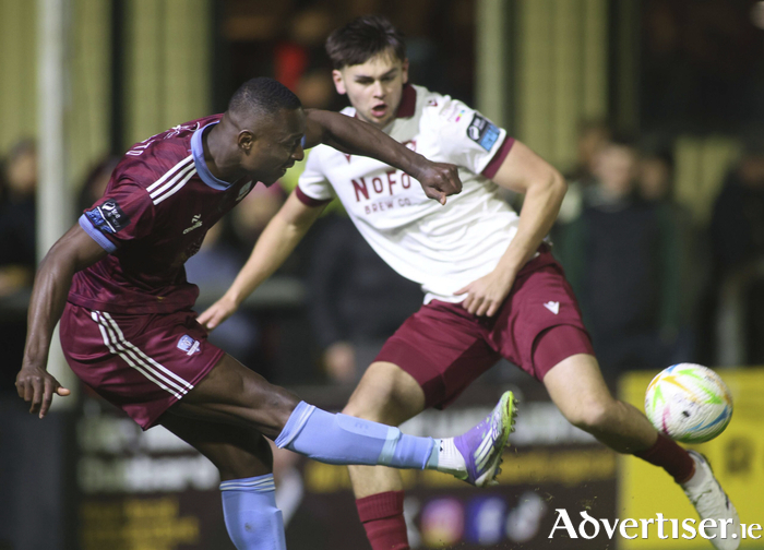 Galway United's Francely Lomboto and Drogheda United&rsquo;s Leo Burney in action from the opening game of the SSE Airtricity FAI Men&rsquo;s Premier Division game at Eamonn Deacy Park. (Photo: Mike Shaughnessy)