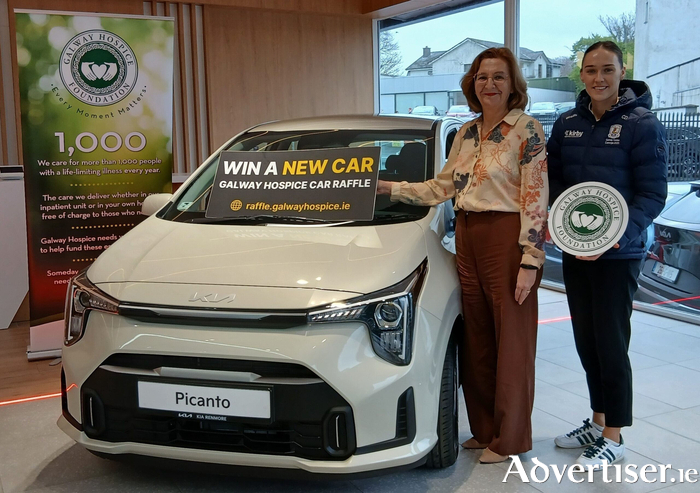 Galway Camogie Captain Carrie Dolan launching the 2026 Galway Hospice Car Raffle with Mary Nash, Galway Hospice Chief Executive, at Kia Renmore. Tickets just &euro;10 from raffle.galwayhospice.ie, Galway Hospice, Renmore or 091 770868.