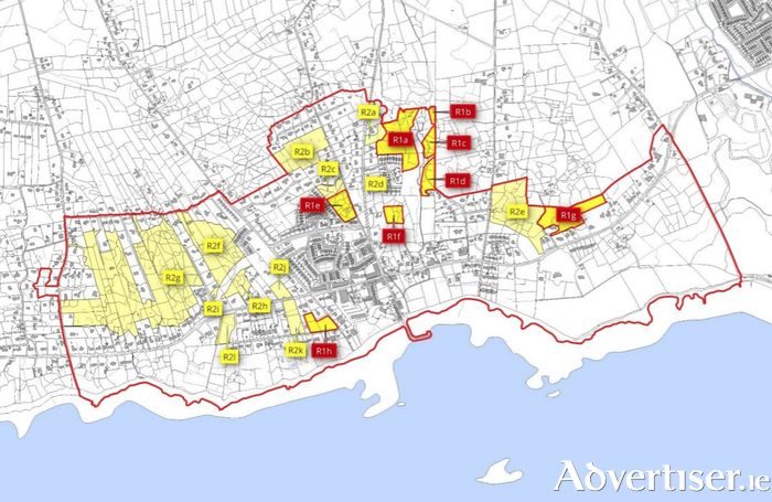 Map depicting residential lands in Bearna. Dark yellow sites are Residential Phase 1 lands which have been previously earmarked for immediate development, the light yellow sites are Residential Phase 2 sites which are now also free for immediate development. 