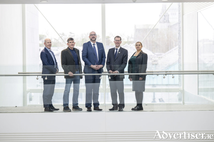 Pictured at the launch of the new ARC Hub for HealthTech, hosted by University of Galway in partnership with Atlantic Technological University and RCSI University of Medicine and Health Sciences, from left: Diarmuid O&rsquo;Brien, CEO of Research Ireland; Dr Paddy Austin, assistant director for ERDF, Northern and Western Regional Assembly; Professor Garry Duffy, director of ARC Hub for HealthTech, University of Galway and RCSI; Professor David Burn, President of University of Galway; and Elena Panteva, Directorate General for Regional and Urban Policy, European Commission. Photo: Andrew Downes/Xposure.