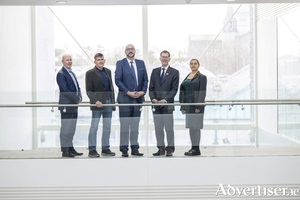 Pictured at the launch of the new ARC Hub for HealthTech, hosted by University of Galway in partnership with Atlantic Technological University and RCSI University of Medicine and Health Sciences, from left: Diarmuid O&rsquo;Brien, CEO of Research Ireland; Dr Paddy Austin, assistant director for ERDF, Northern and Western Regional Assembly; Professor Garry Duffy, director of ARC Hub for HealthTech, University of Galway and RCSI; Professor David Burn, President of University of Galway; and Elena Panteva, Directorate General for Regional and Urban Policy, European Commission. Photo: Andrew Downes/Xposure.