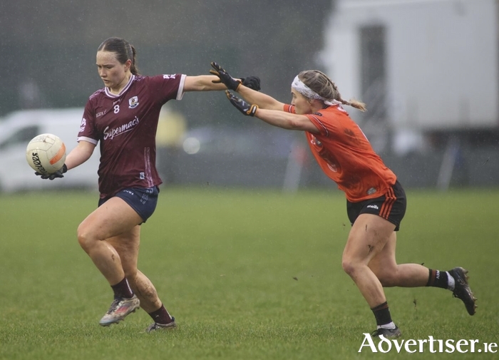 Galway&rsquo;s Niamh Divilly and Armagh&rsquo;s Lauren McConville in action from the Lidl National Football League game at Duggan Park, Ballinasloe last Saturday. (Photo: MIke Shaughnessy)
