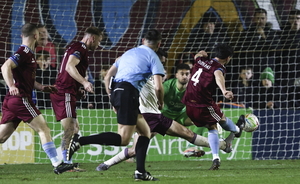 Jimmy Keohane of Galway United shoots to score his side's first goal during the SSE Airtricity Men's Premier Division match between Galway United and Sligo Rovers at Eamonn Deacy Park in Galway. (Photo by Paul Phelan/Sportsfile)