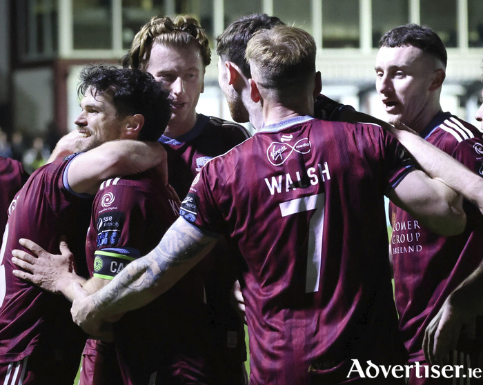 Jimmy Keohane (left) celebrates after scoring Galway United's goal against Sligo Rovers at Eamonn Deacy Park. (Photo: Mike Shaughnessy)