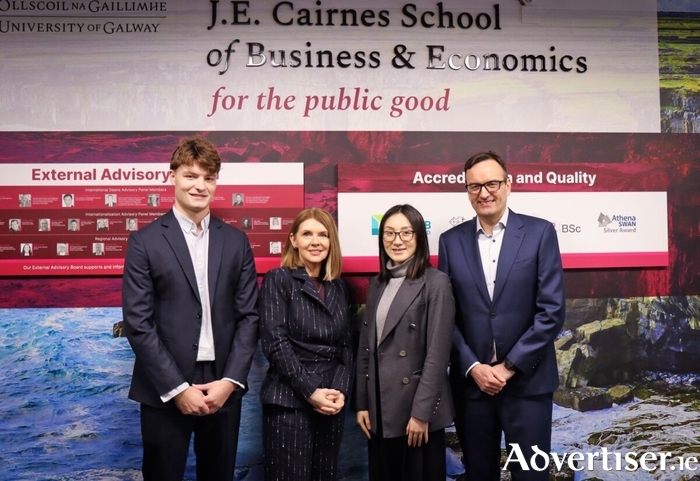 (L-R): Ryan Kavanagh, CEO, Student Managed Fund Committee and final year BSc Financial Mathematics & Economics student, University of Galway; Orla Graham, Chief People Officer, Davy; Professor Karena Yan, Dean of J.E. Cairnes School of Business & Economics, University of Galway; Eoin Cotter, Director and Head of Western Region, Davy. (Photo: University of Galway)