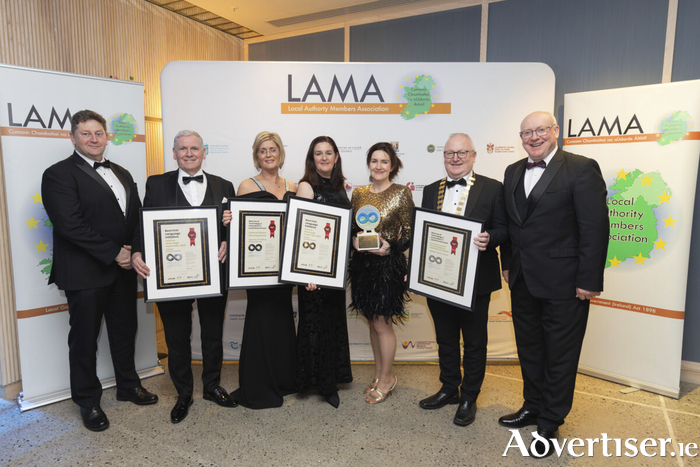 Pictured at the 20th annual All Ireland Community and Council Awards at the Dublin Royal Convention Centre (l-r) Damien Mitchell, Director of Services; Councillor Michael Regan; Meliosa McIntyre, Galway Public Libraries; Elizabeth Keane, Galway County & City Librarian; Breege Lynn, Galway County Council; Cathaoirleach David Collins; and Liam Conneally, Chief Executive, Galway County Council.